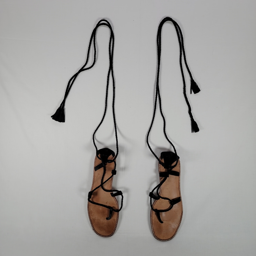 Joie Black and Tan Braided Leather Lace-Up Sandals